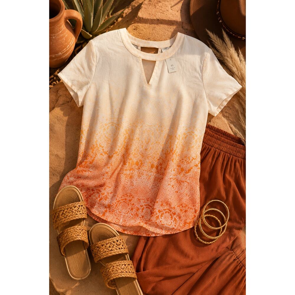 Cato Orange Ombre Paisley Keyhole Blouse XS Lightweight Boho Top
